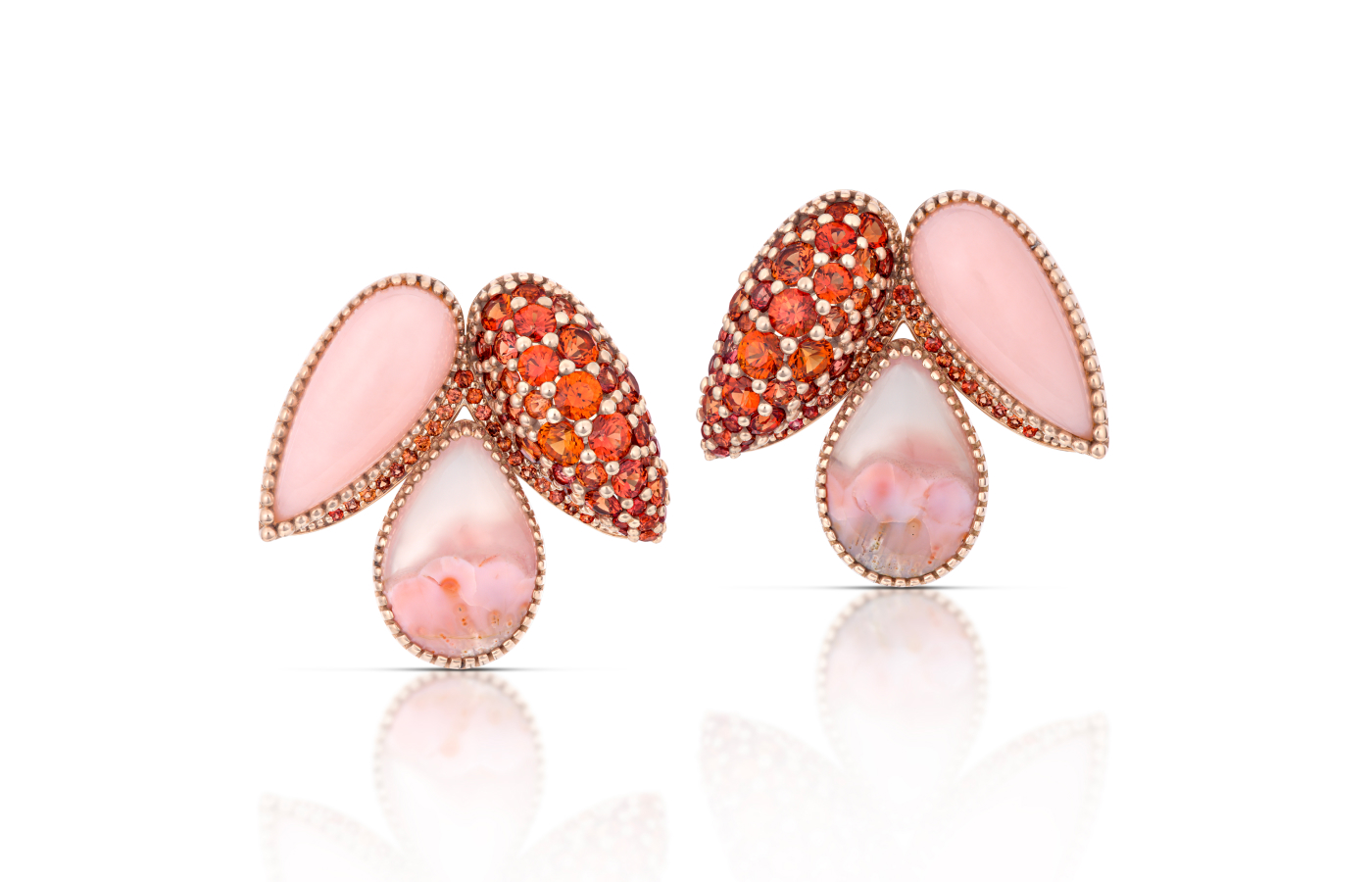  Susana Grau Batlle Evolution through Light ‘Light 3’ earrings with 6.94 carats of opal, 8.62 carats of agate and 122 round-cut orange sapphires of 4.15 carats, set in 18k rose gold, part of the A Trilogy of Evolution High Jewellery collection