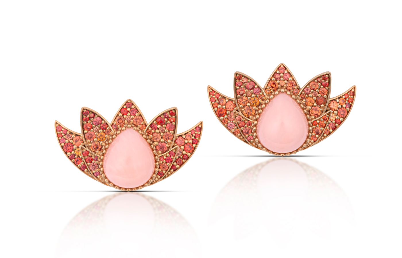  Susana Grau Batlle Evolution through Light ‘Light 2’ earrings with more than 14 carats of pink opal and 124 round-cut orange sapphires of 1.55 carats set in 18k rose gold, part of the A Trilogy of Evolution High Jewellery collection