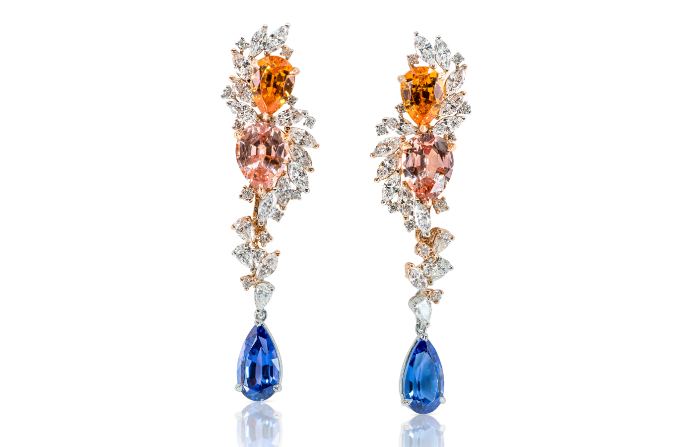  MADLY bespoke earrings with Malaia garnet, mandarin garnet and tanzanite in 18k gold