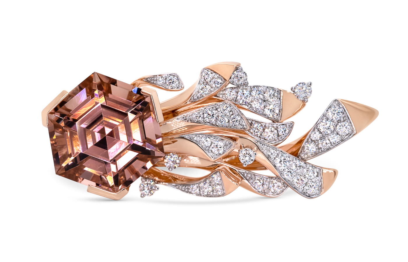  MALDY bespoke 'Flying Phoenix' ring with a hexagonal peachy-pink tourmaline
