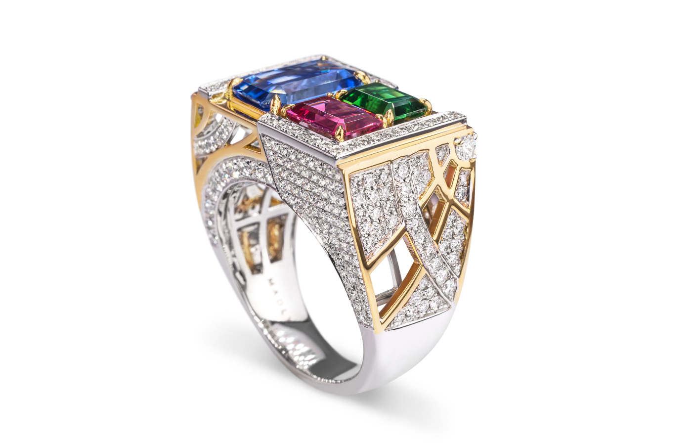  MADLY bespoke 'Milestone Tower' ring with blue sapphire, pink sapphire and tsavorite in 18k gold 