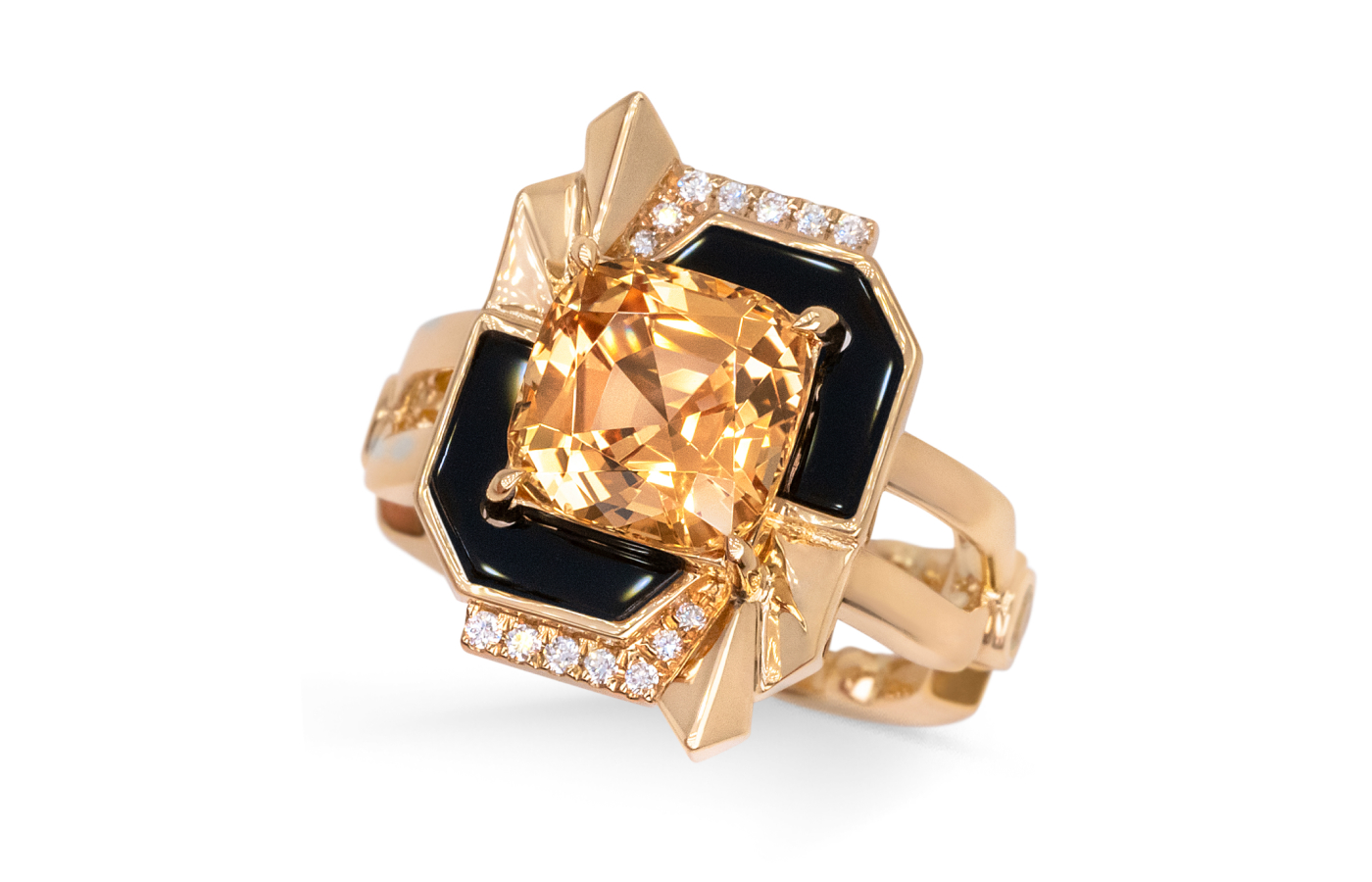  MADLY bespoke Imperial topaz cocktail ring with onyx accents in 18k yellow gold