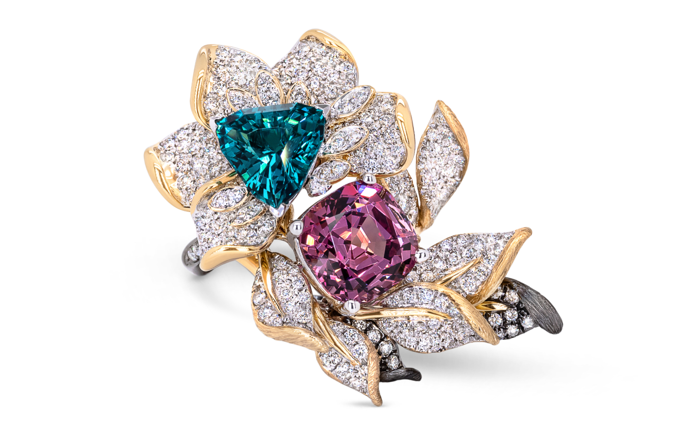 MADLY bespoke statement stack rings with blue tourmaline, Malaia garnet and diamonds, set in 18k gold 