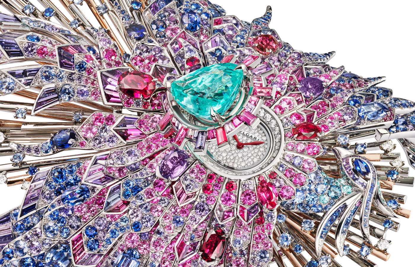  The watch dial of the Bvlgari Fenice high jewellery secret watch is covered with a large pear-shaped Paraiba tourmaline