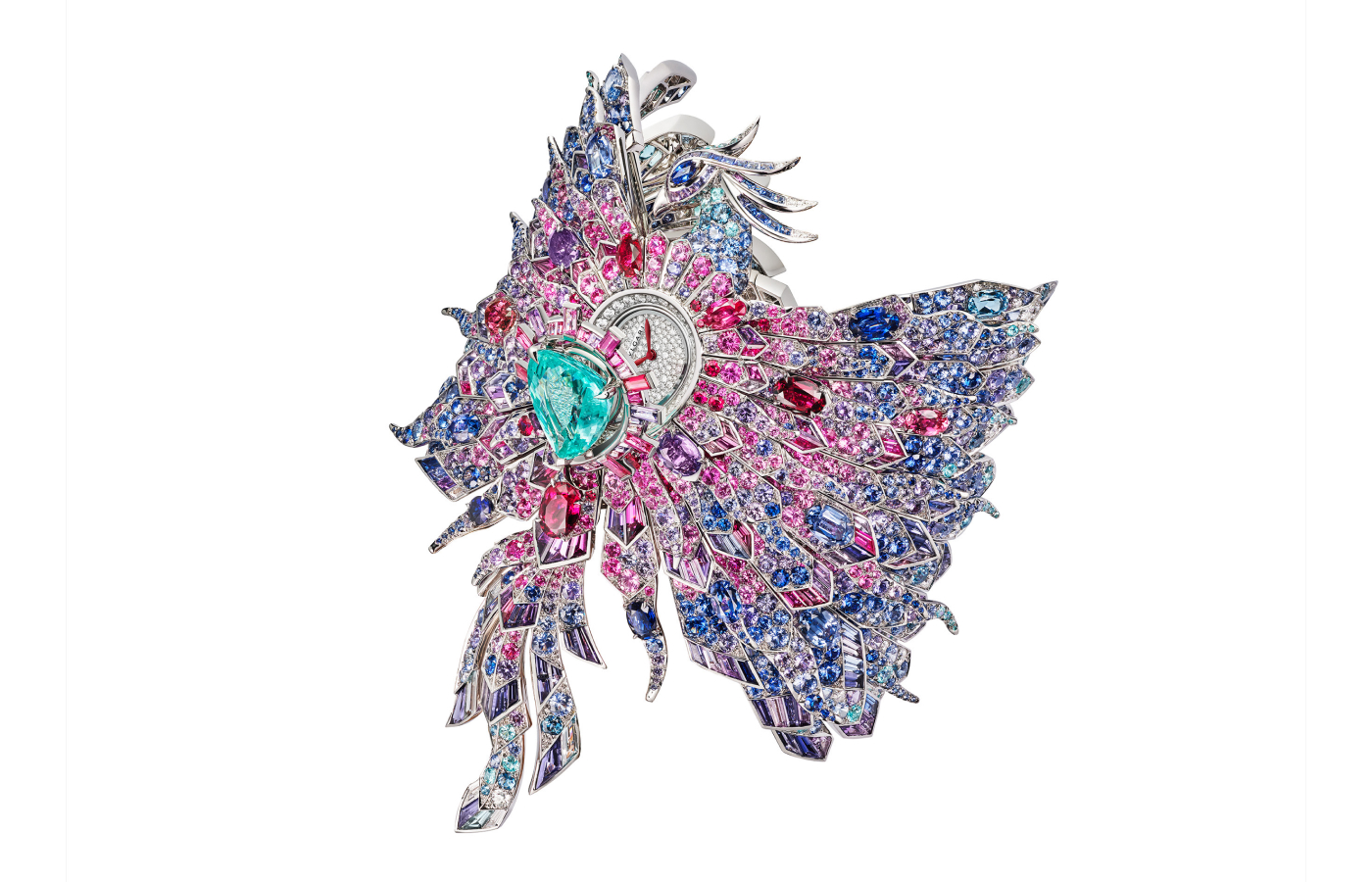  Bvlgari Fenice high jewellery secret watch from the Aeterna collection with Paraiba tourmalines, sapphires, rubies, tanzanites, aquamarines, iolites, pink garnettes, rhodolites, rubellites and pink tourmalines, amethysts and diamonds in 18k white and gold rose