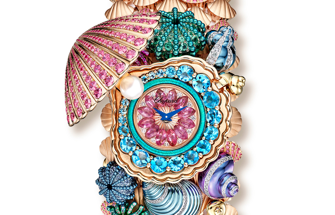  The dial of the Chopard Laguna High-Jewellery secret watch is adorned with diamonds and marquise-shaped pink sapphires