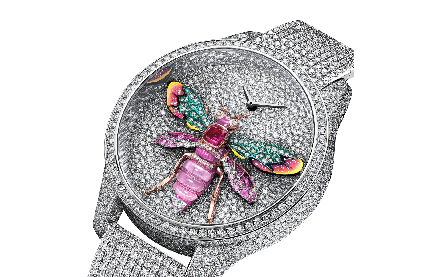  The dial, case, lugs and strap of the Dior Montres Grand Soir Reine des Abeilles watch are covered in white diamonds 