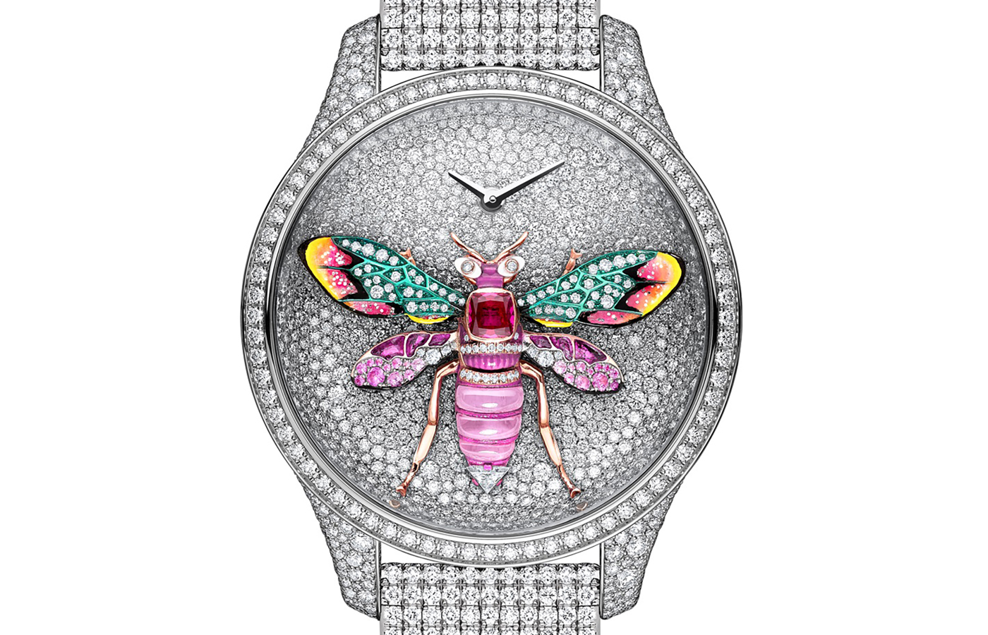  The Dior Montres Grand Soir Reine des Abeilles watch features a Queen Bee crafted with rubies, sapphires, and brightly coloured lacquer, set on a blanket of diamonds