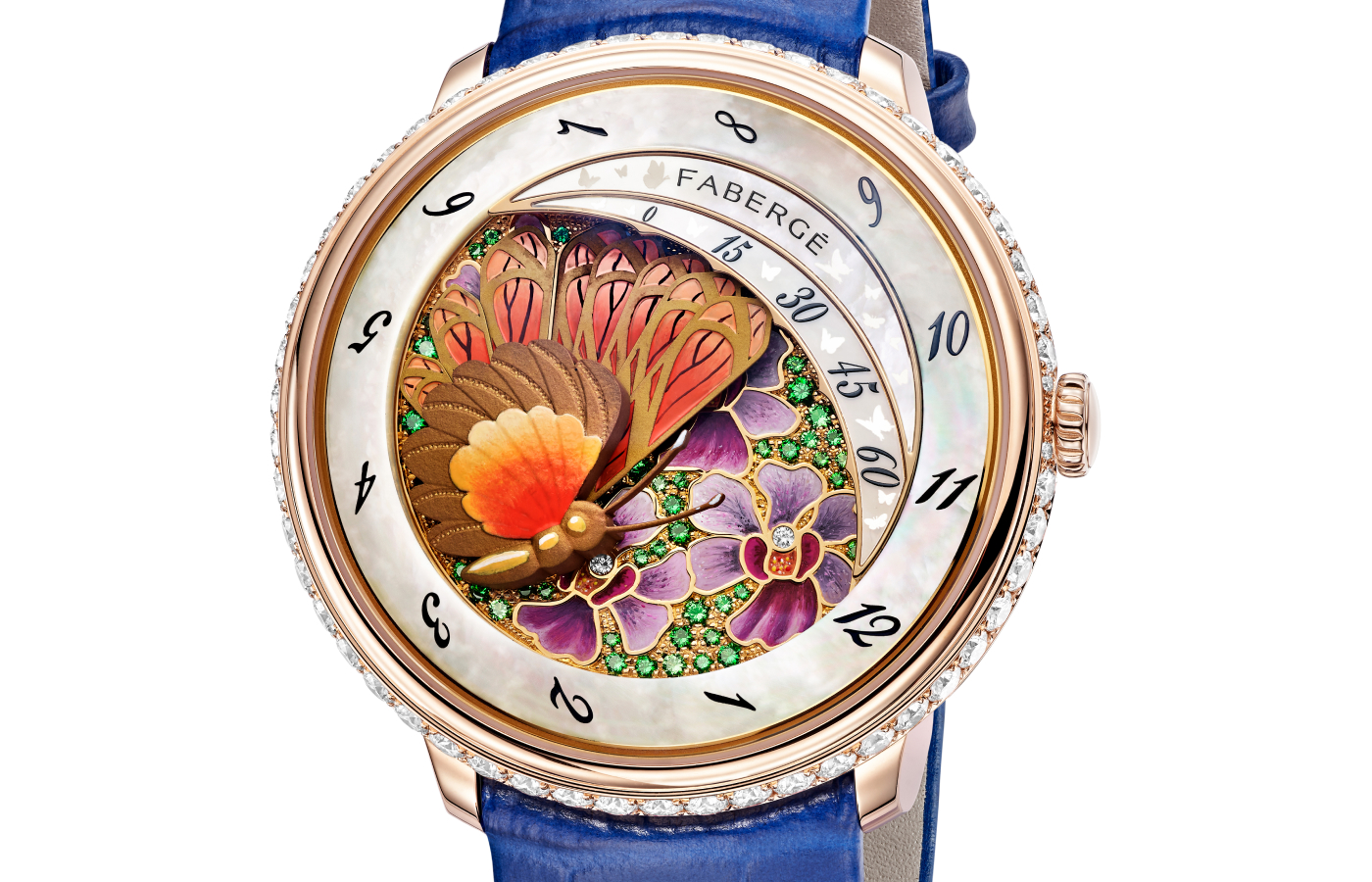  A closer look at the hand-painted mother of pearl butterfly and orchids that feature on the dial of the Fabergé Compliquée Butterfly Blooms Sincere Platinum Jubilee Edition watch 