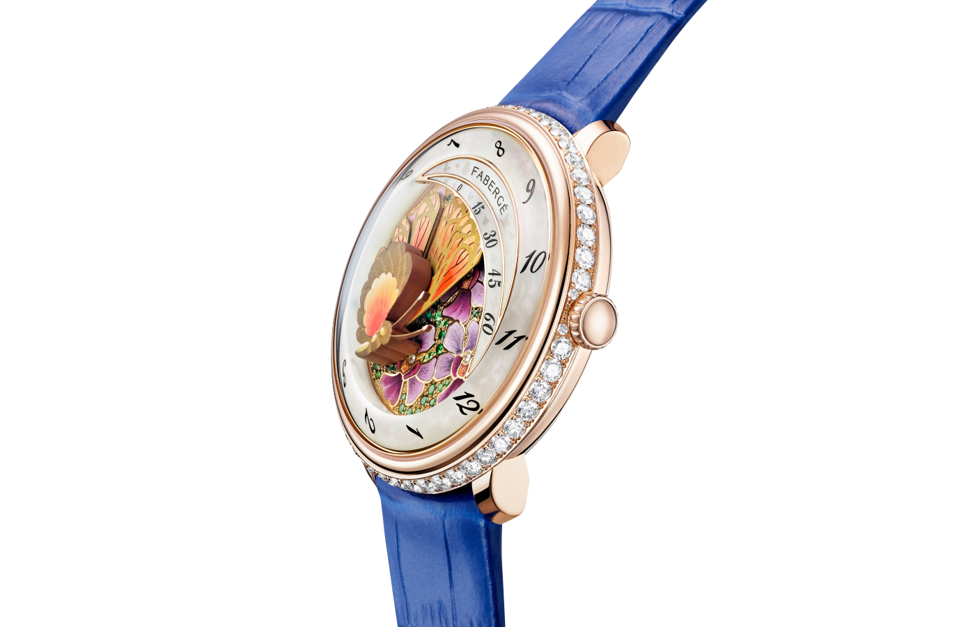  The Fabergé Compliquée Butterfly Blooms Sincere Platinum Jubilee Edition watch has a three-dimensional dial design crafted with mother of pearl and hand-painted details 