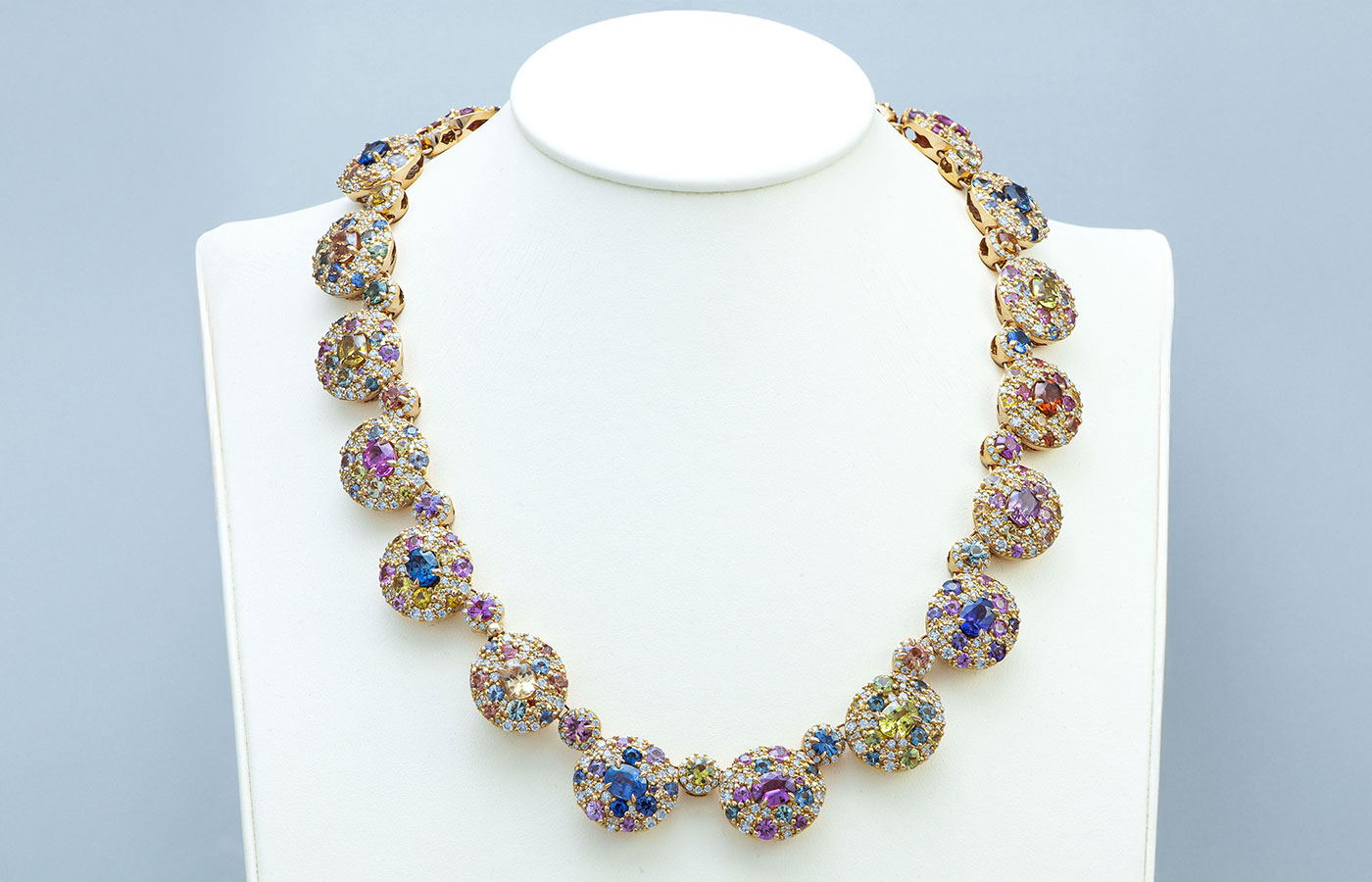  Morebelli Bohème High Jewellery necklace, crafted to celebrate the brand’s 10th anniversary, with 1,139 round-cut multi-coloured sapphires set in yellow gold 