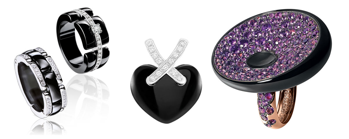 From left to right: Chanel Ultra rings in black ceramic and white gold with diamonds; Chaumet heart pendant in black ceramic and white gold with diamonds from Liens collection; de Grisogono nanoceramic Mistero ring with rose gold and purple sapphires