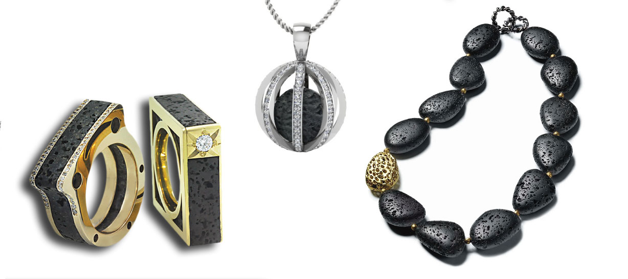 From left to right: Sokalor magma and diamond rings set in yellow gold and a pendant set in white gold; David Yurman necklace with lava