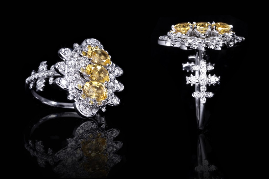 SUN ring with 74 round brilliant diamonds F colour totalling 1.14ct, 12 yellow diamonds 0.07ct and 3 Ceylon sapphires 2 cts in total