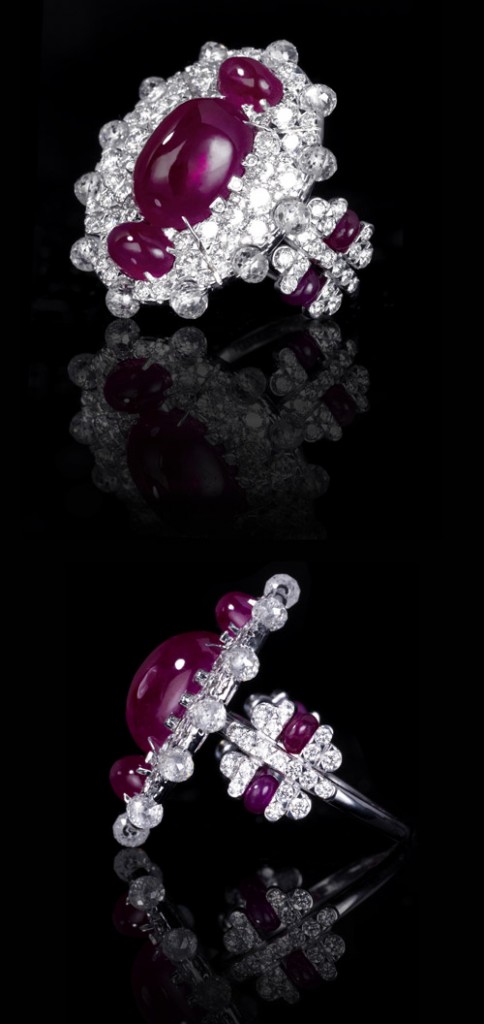 Grande Orchid ring with 100 round diamonds totalling 2cts, 2 Burmese ruby cabochons – 1.90 cts, 1 fine Mozambique Ruby cabochon 6 cts, 4 Burmese ruby beads 1.09 ct , 12 diamond beads 2.35ct