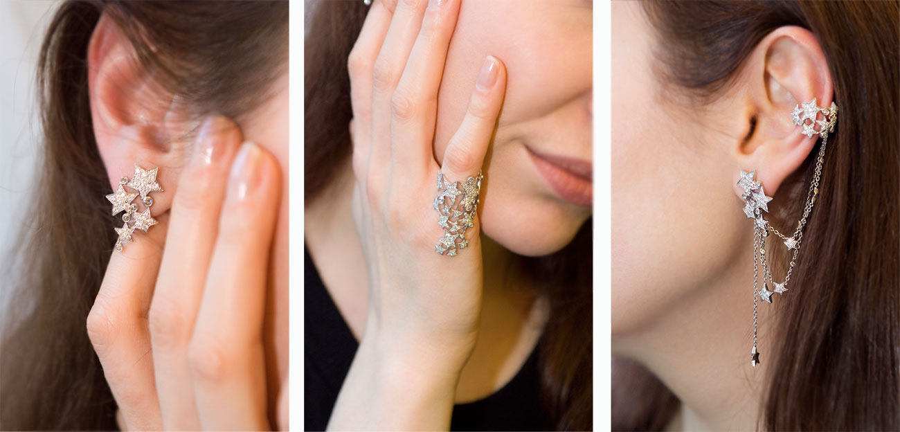 Make a Wish earrings and a ring in white gold and diamonds