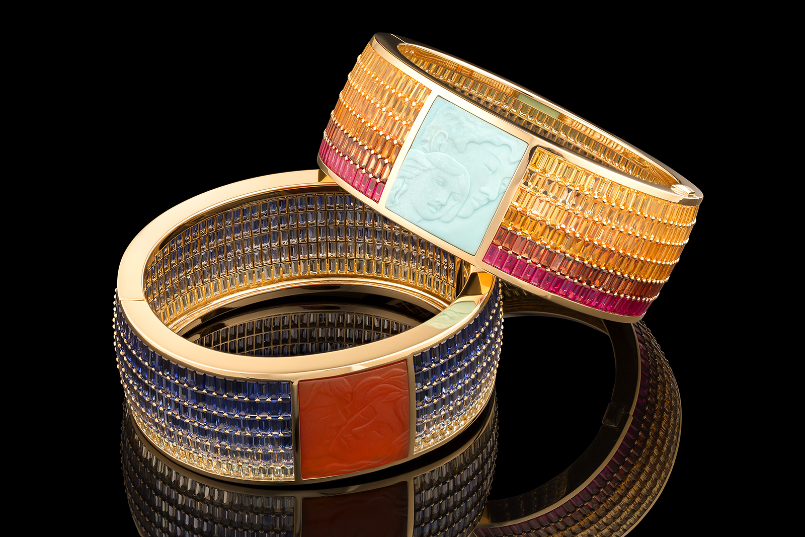  Demetrius and Helena bracelet by Maison M with carved turquoise, carved carnelian and sapphires of various shades 