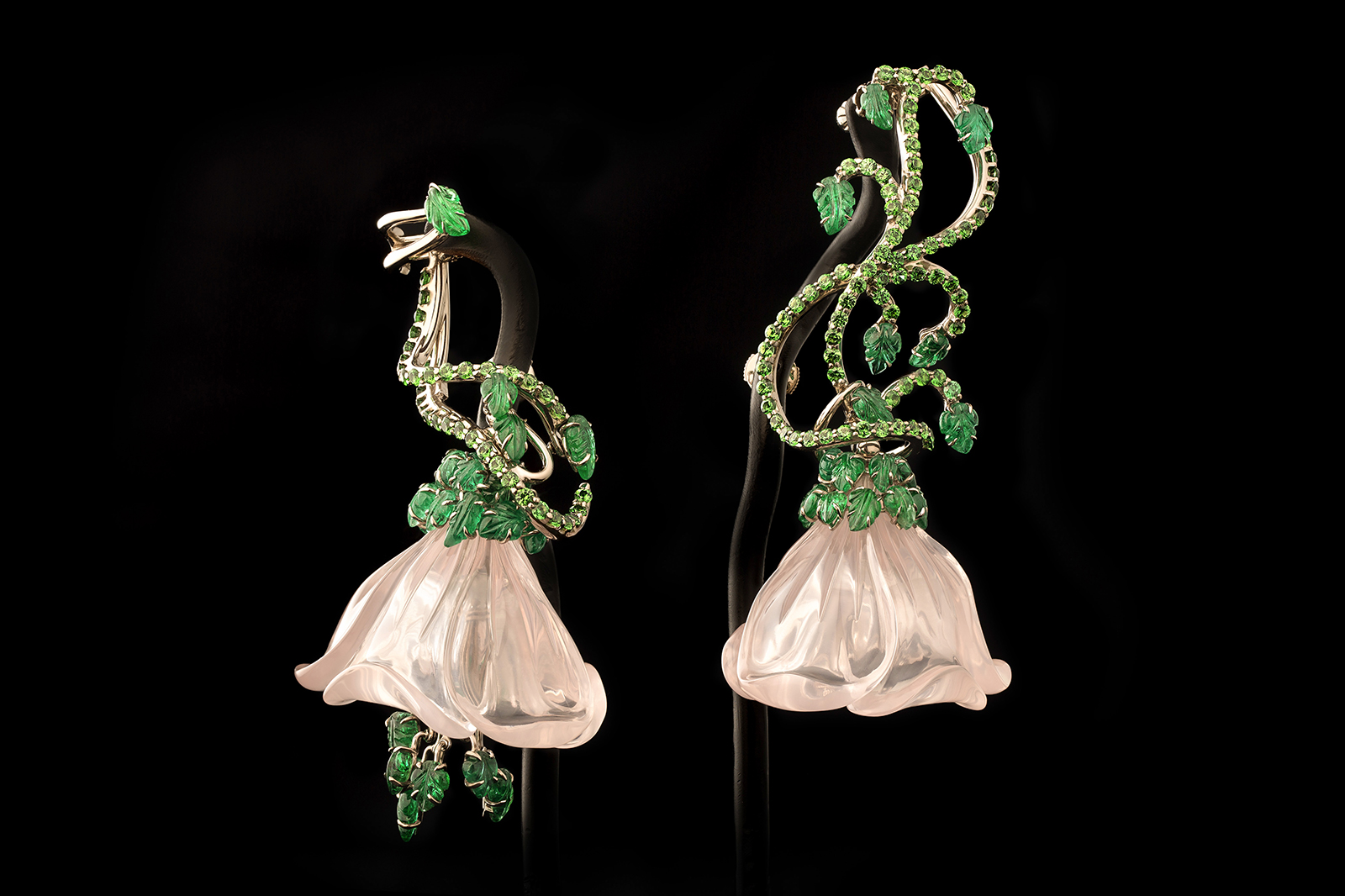 Fleur des Pois earrings by Maison M with carved rose quartz, tsavorites and emeralds