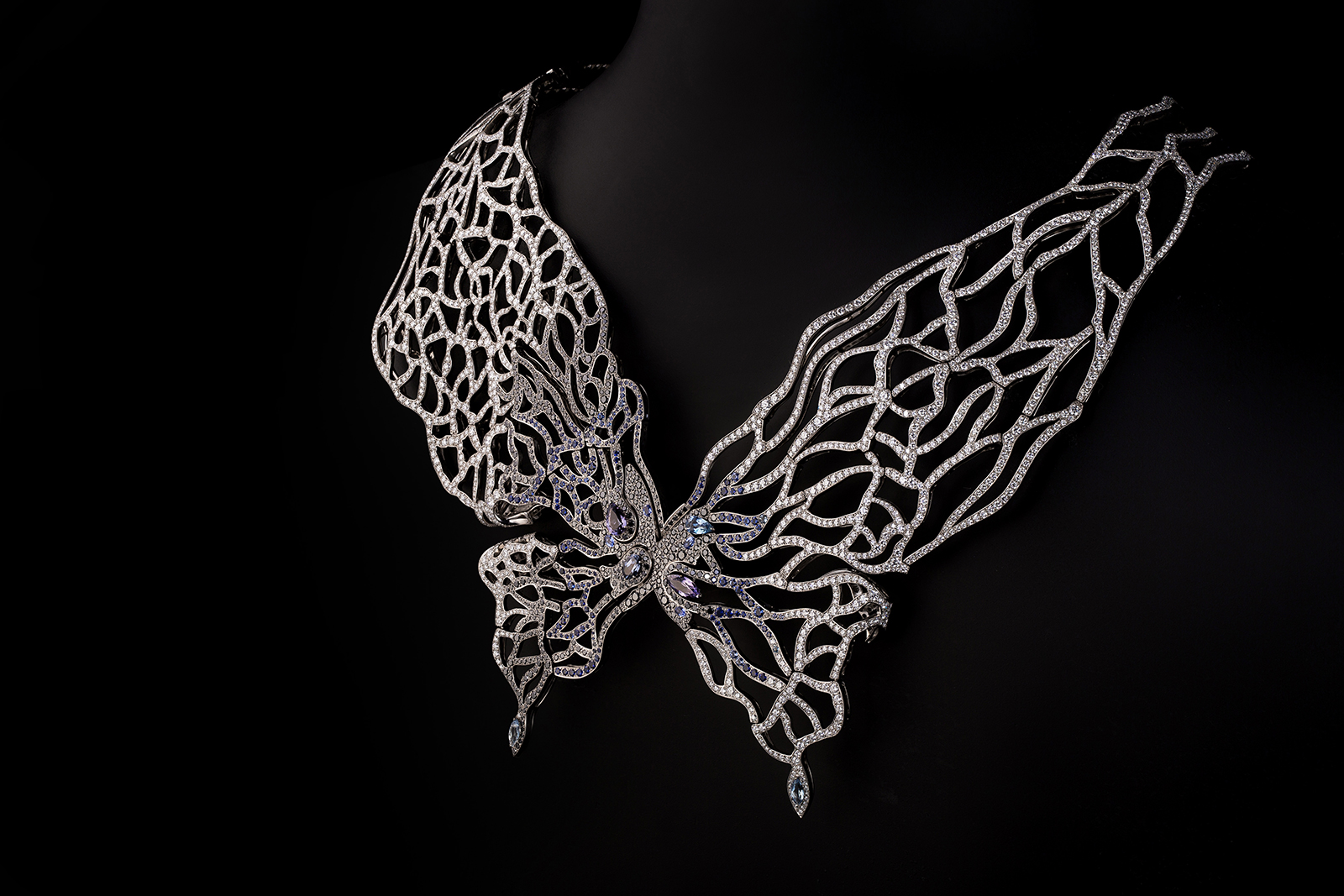  Phalene necklace by Maison M with colourless and black diamonds, sapphires, spinels and aquamarines