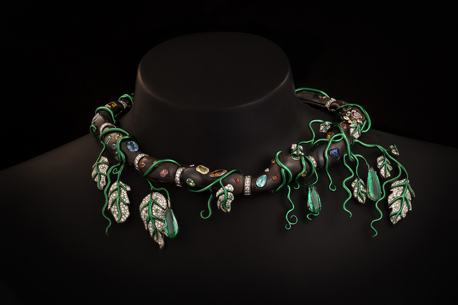  Vagabond necklace by Maison M made in ebony with emeralds, Paraiba tourmalines, sapphires, diamonds and a variety of other gemstons