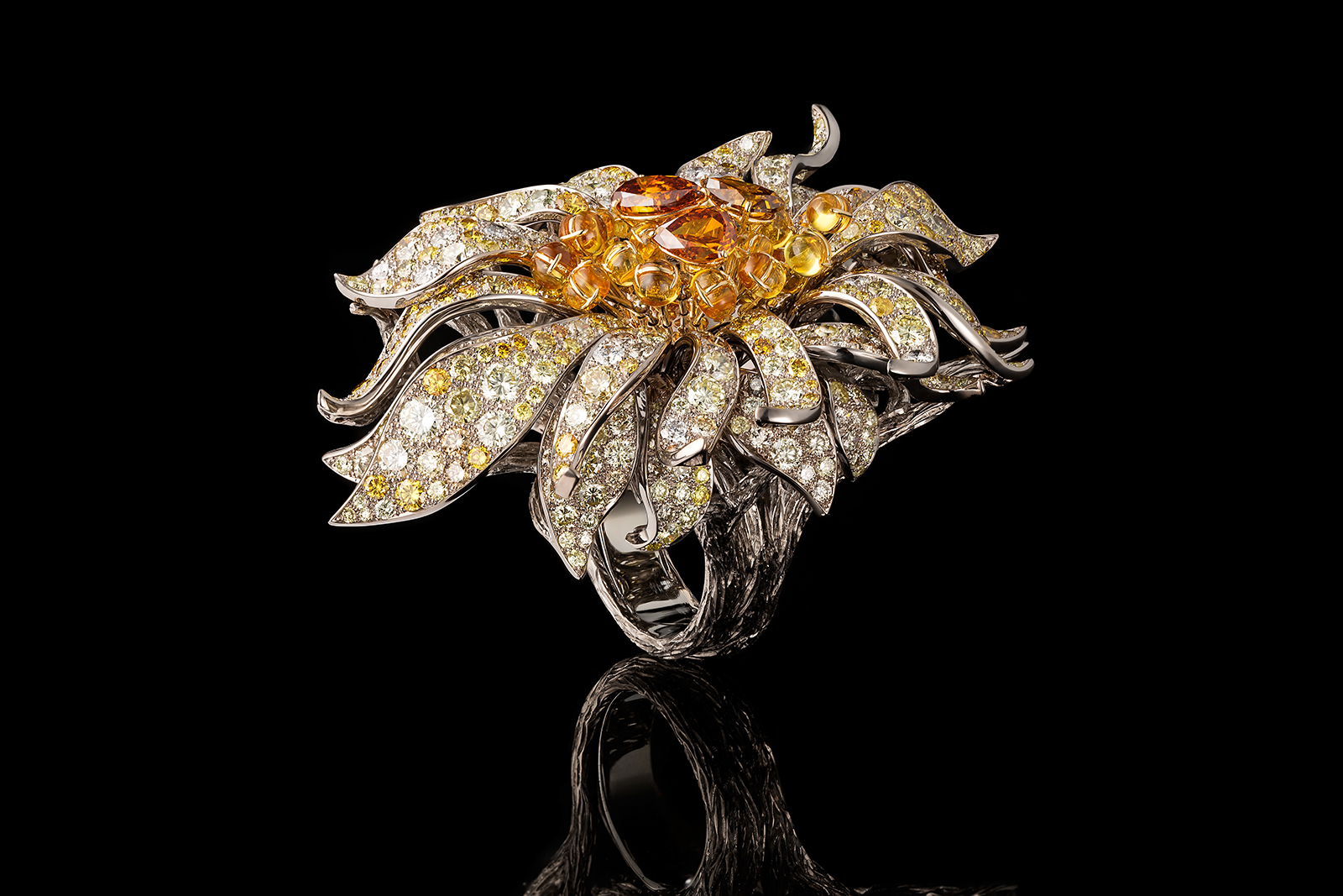  Graine de Moutarde ring by Maison M with yellow and cognac diamonds, orange sapphires 