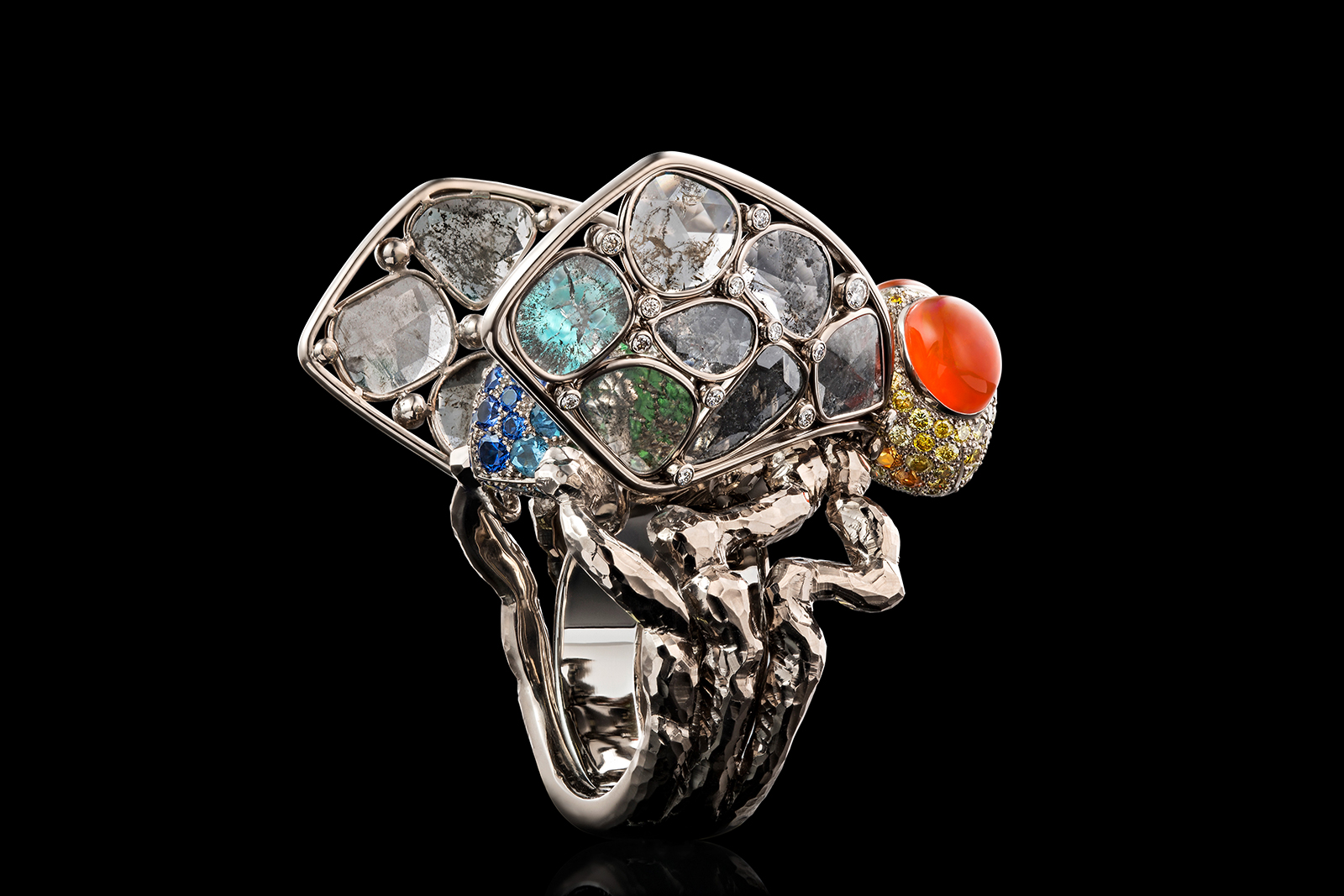  Moucheron ring by Maison M made with diamonds, diamond slices,  Paraiba toumaline, spinels, aquamarines and tsavorites