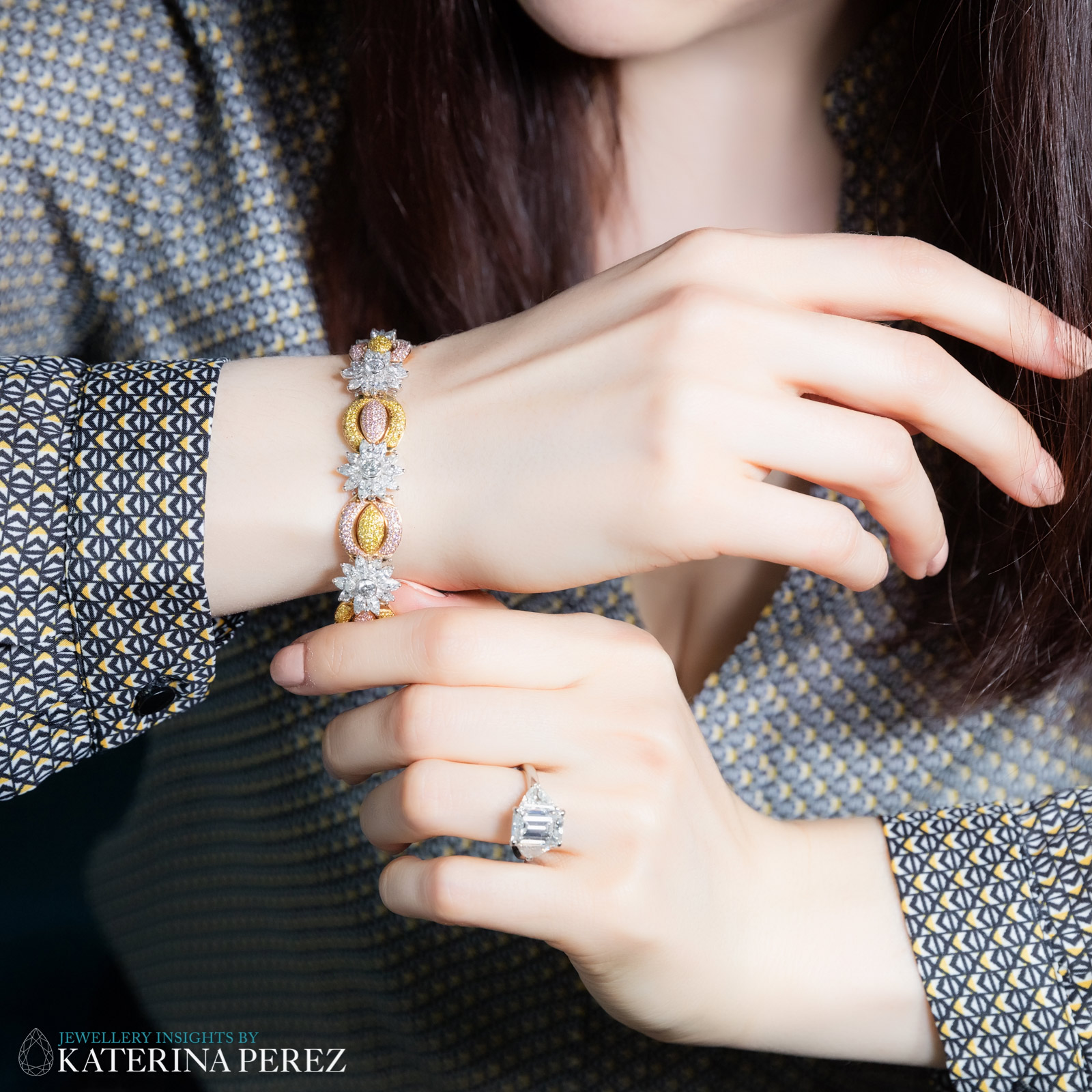 Diamond bracelet with colourless and fancy coloured diamonds available at Rich Diamonds. Photo by Simon Martner