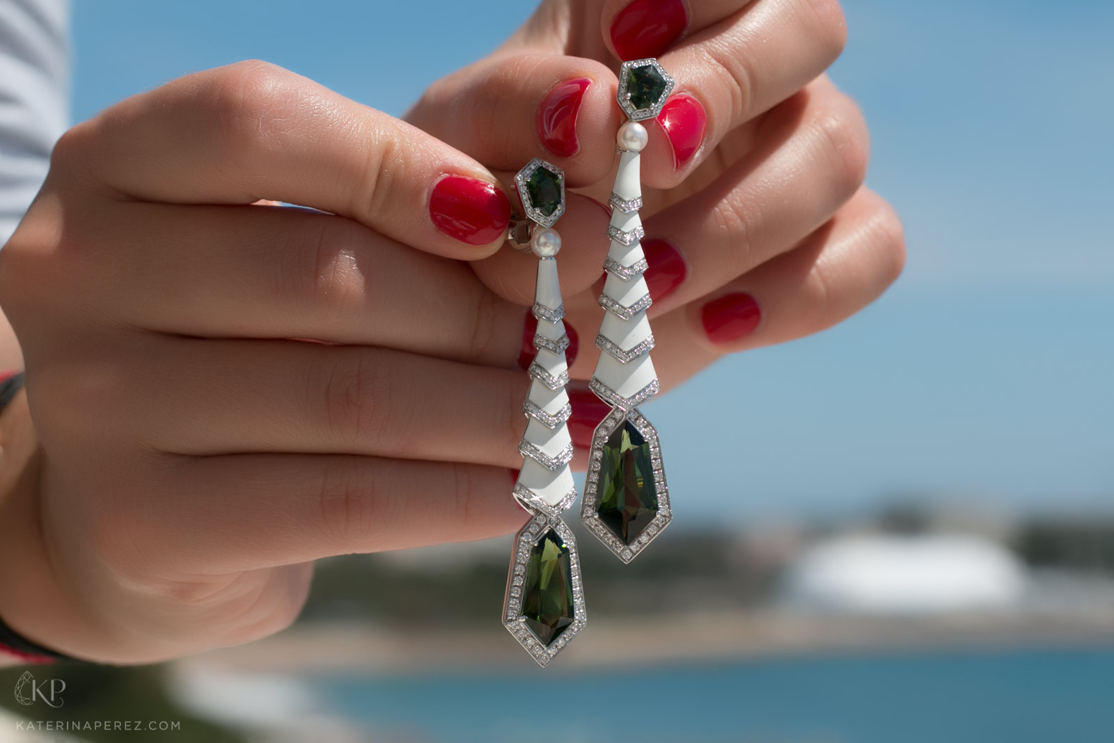 Gatsby earrings with tourmalines, diamonds and white enamel by AVAKIAN
