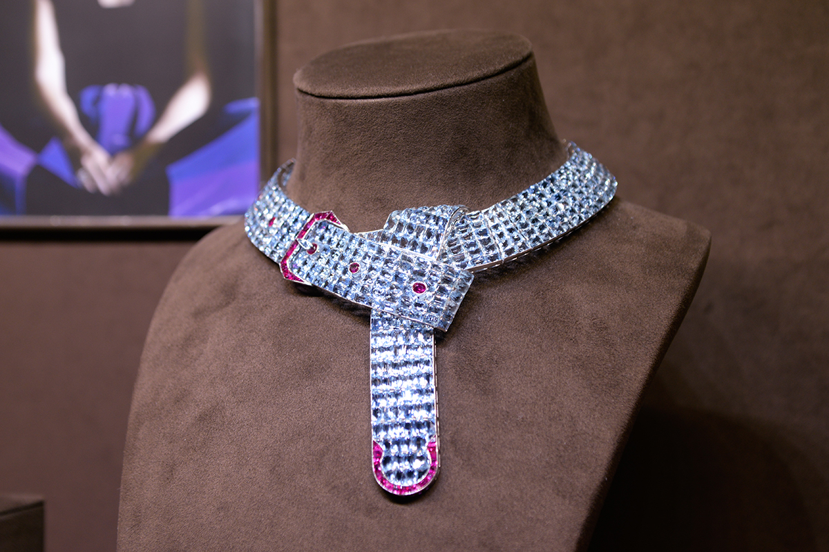 An aquamarine and ruby belt which is an iconic piece designed by Fulco, Duke of Verdura, for Paul Flato circa 1935