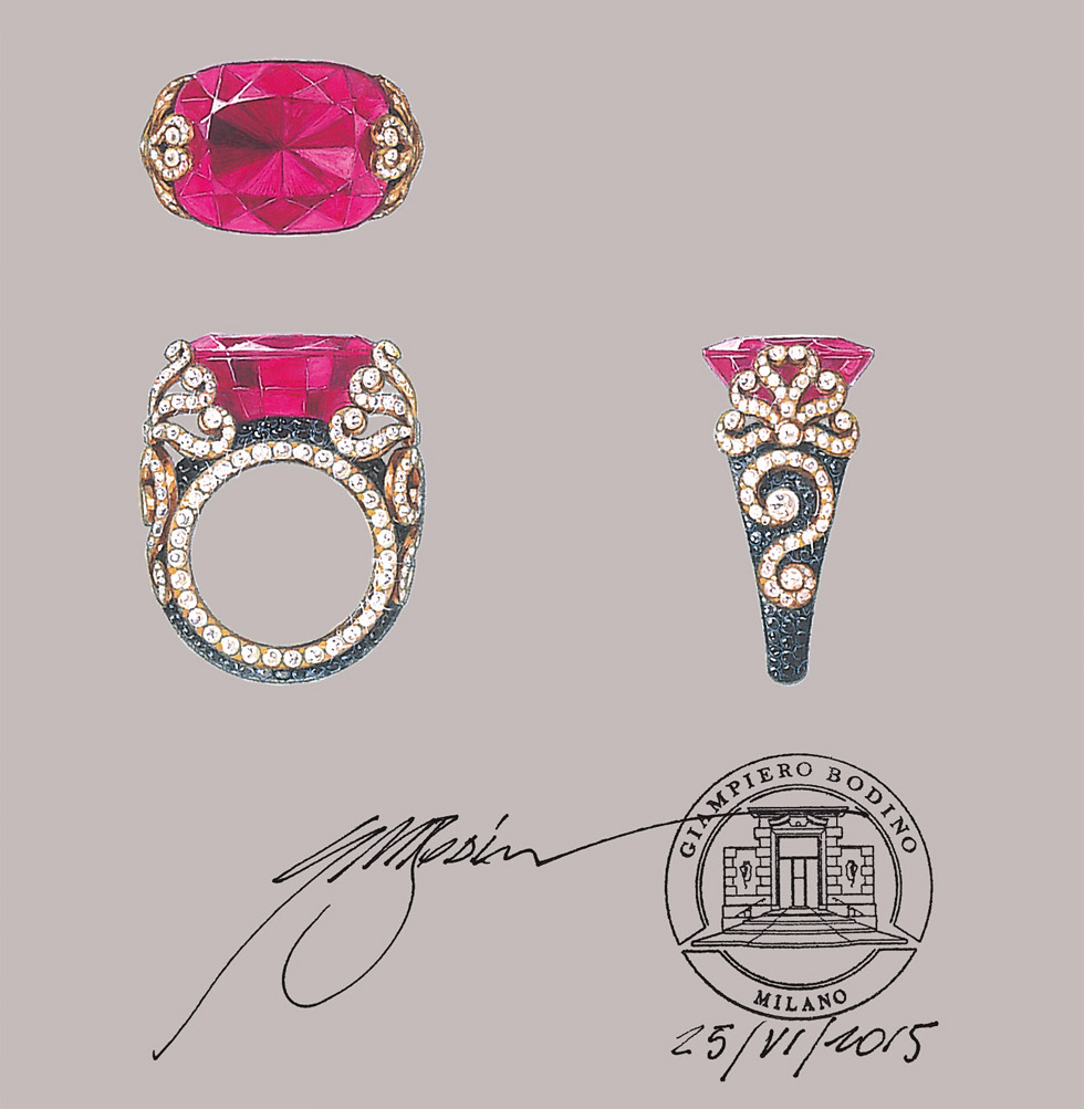 Частный заказ на кольцо с красной шпинелью 23.16 карат, черной шпинелью и бриллиантами в розовом золоте