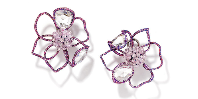 Earrings crafted in titanium, diamonds and spinels