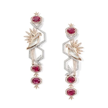 ‘Wonderland – Always a Story’ collection 'Parakeet & Pomegranate' earrings with 12.92ct rubies, diamonds and rock crystal in platinum and rose gold 