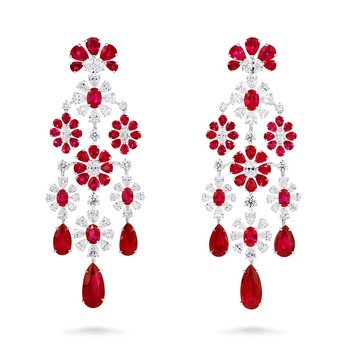 Chandelier earrings with rubies and diamonds in white gold