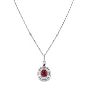 'Glowing Ember' necklace with 3.54ct Burmese ruby, accenting ruby and diamonds in white gold