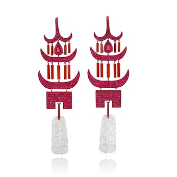 'Scarlett Empress' collection earrings with rubies and white jade in titanium