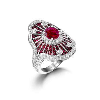 'Jewelled Vault' ring with total of 4.55ct rubies and diamonds in white gold