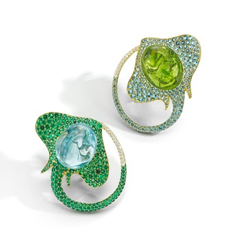 'Stringray' earclips with peridot, aquamarine, tsavorites and diamonds in yellow gold