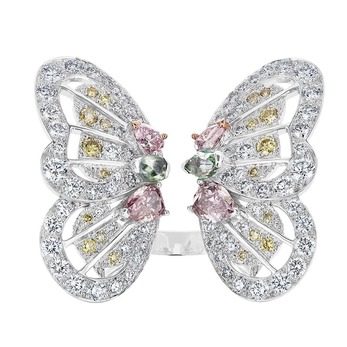 'Monarch Butterfly' ring with fancy coloured diamonds and colourless diamonds in white gold