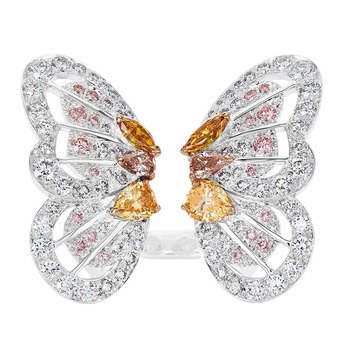 'Monarch Butterfly' ring with fancy coloured diamonds and colourless diamonds in white gold