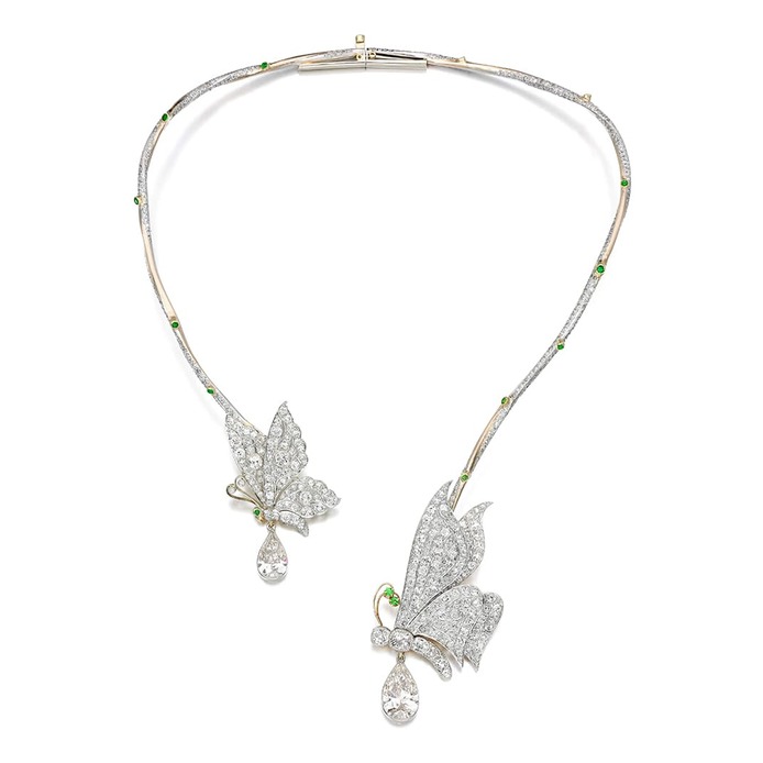 'Butterflies' necklace with a pair of antique butterflies, diamonds and demantoid garnets in platinum and gold