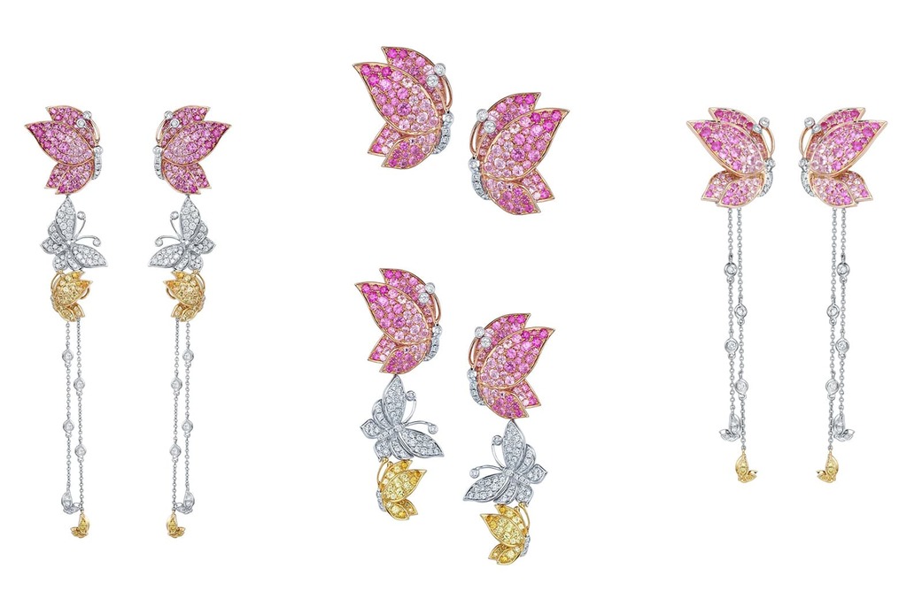Earrings with diamonds and coloured sapphires in pink and white gold