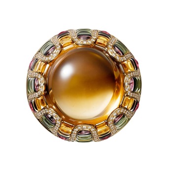 Кольцо из желтого золота с цитрином, сапфирами, аметистами и бриллиантами
