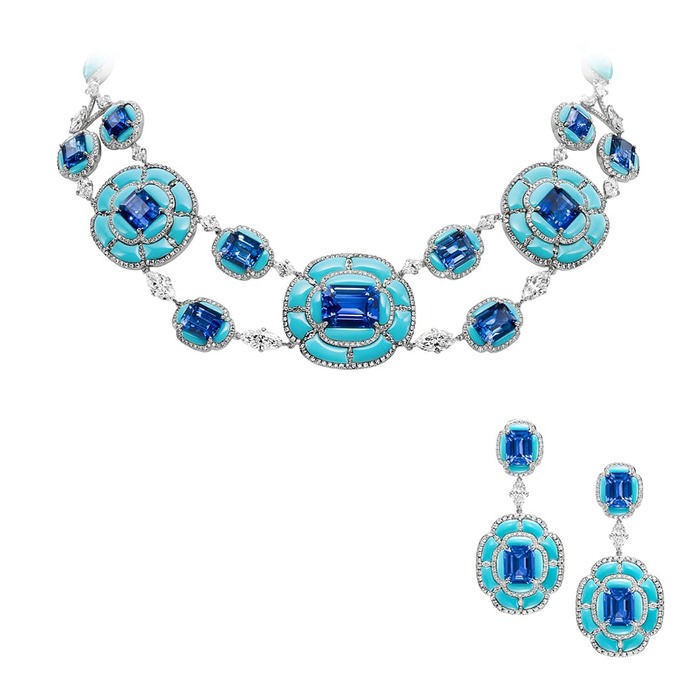 Art of Inlay necklace with sapphires inlaid in turquoise and further embellished with diamonds