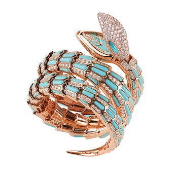 Serpenti Secret Watch with 18 kt rose gold head set with brilliant cut diamonds and turquoise eyes, 18 kt rose gold case, 18 kt rose gold dial and double spiral bracelet, both set with brilliant cut diamonds and turquoises