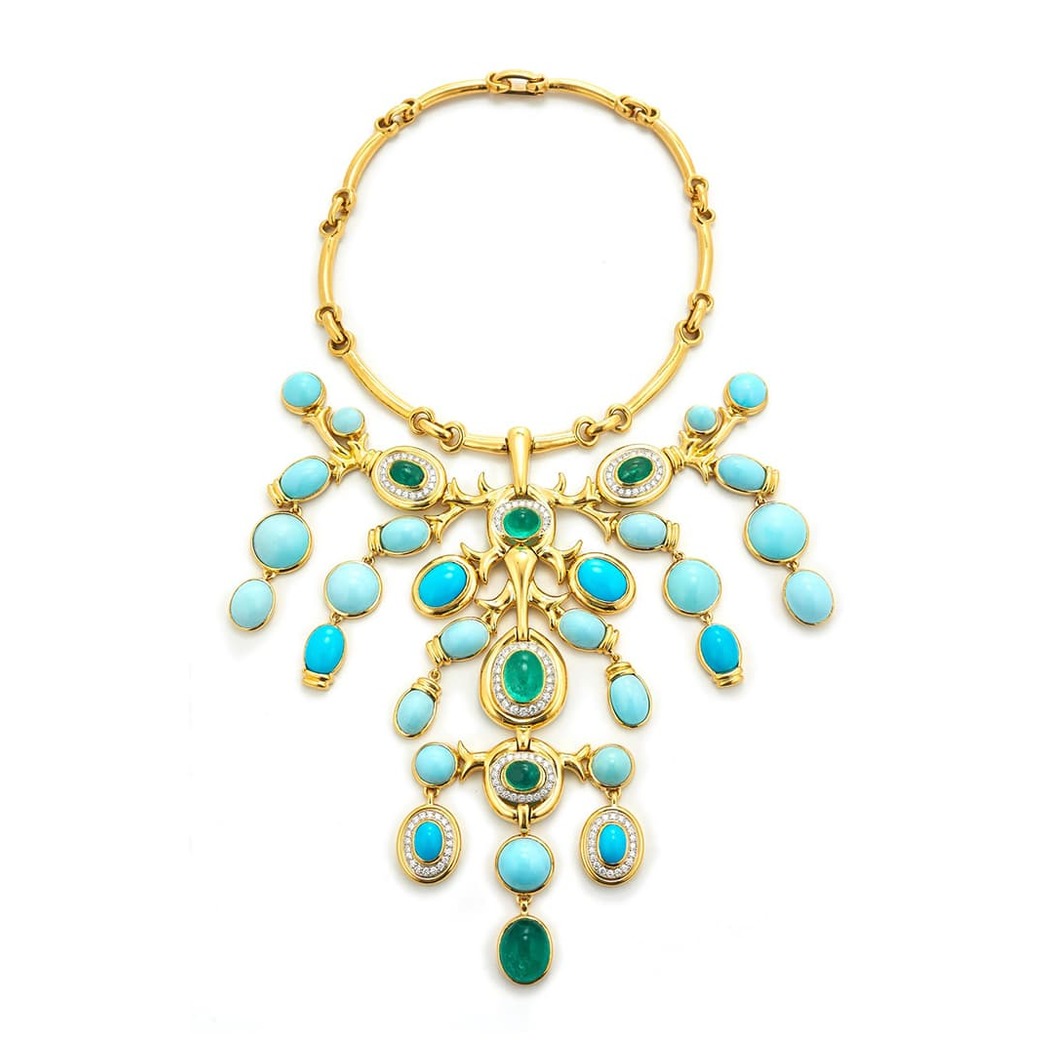 Shangri-La necklace with carved emeralds, oval cabochon turquoise, brilliant-cut diamonds, polished 18K gold, and platinum