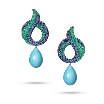 Mediterranean collection earrings with 66.84 cts turquoise drops, sapphires and emeralds