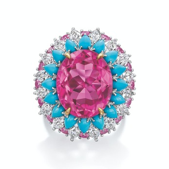 Кольцо Winston Candy с розовым турмалином 11.22 cts, розовыми сапфирами и бирюзой