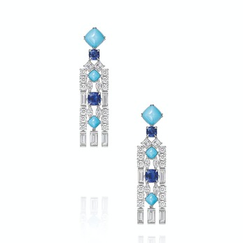 Brownstone earrings with 6 sugarloaf turquoise and 4 cushion-cut sapphires weighing a total of 6.48 carats, and diamonds