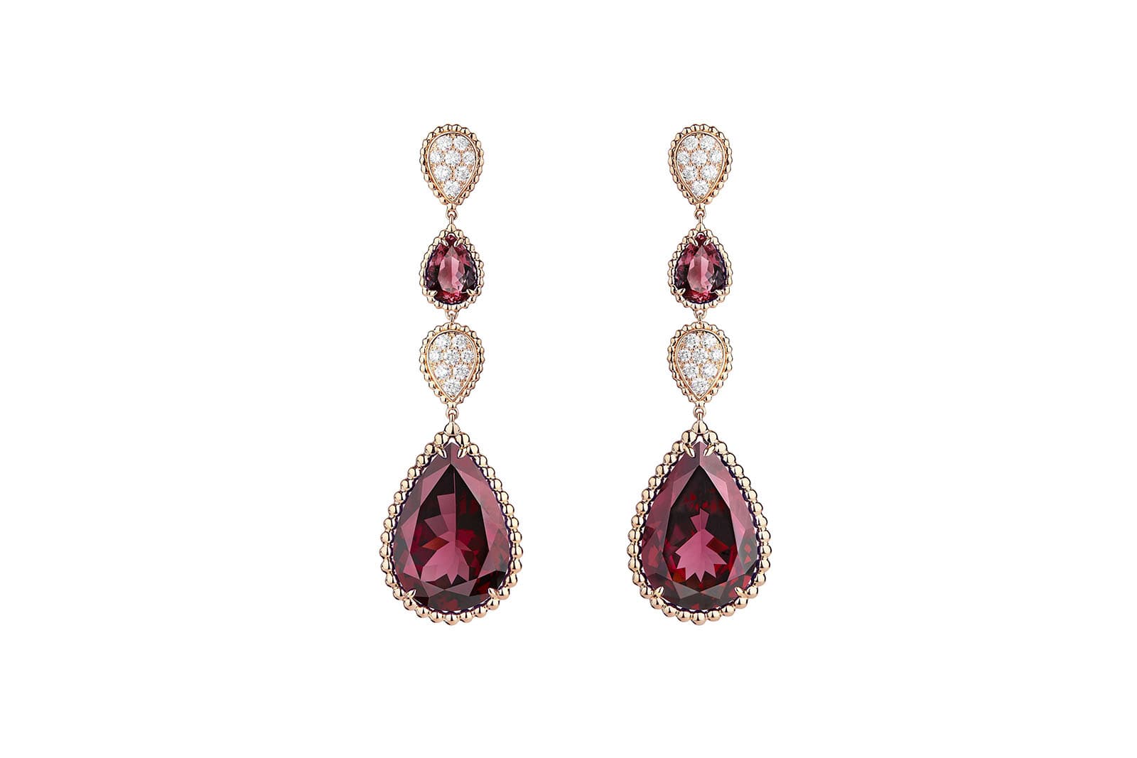 Serpent Boheme earrings with rhodolite garnets and diamonds in rose gold