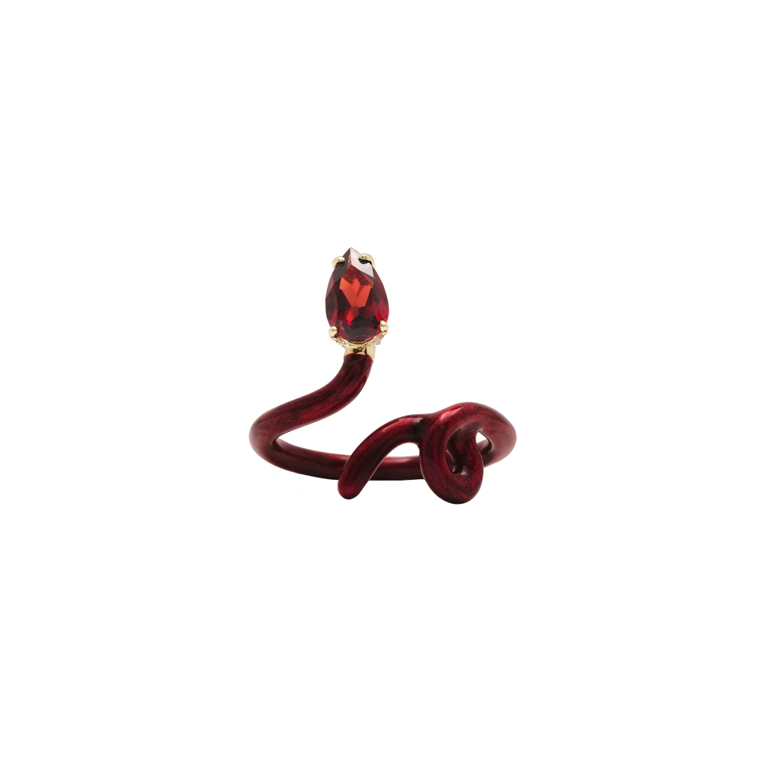 Baby Vine Tendril ring in gold, burgundy enamel and garnet